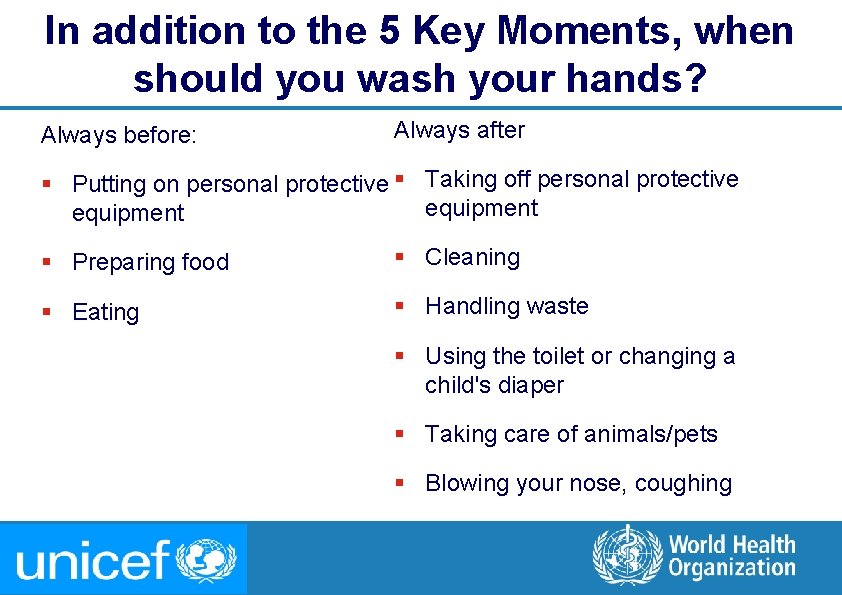 In addition to the 5 Key Moments, when should you wash your hands? Always