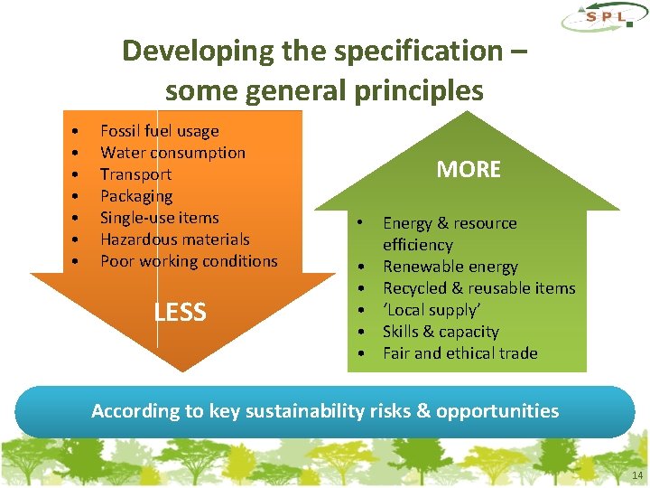 Developing the specification – some general principles • • Fossil fuel usage Water consumption