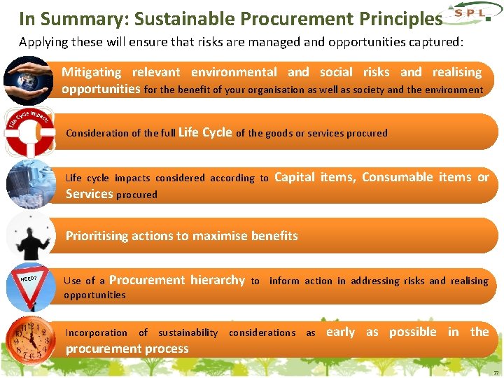 In Summary: Sustainable Procurement Principles Applying these will ensure that risks are managed and