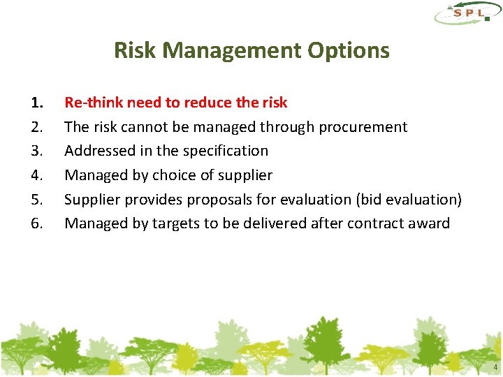 Risk Management Options 1. 2. 3. 4. 5. 6. Re-think need to reduce the