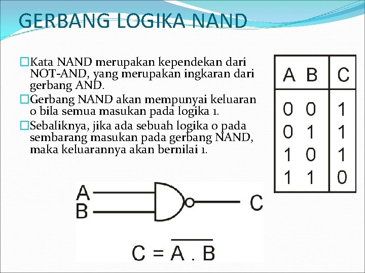 GERBANG LOGIKA NAND �Kata NAND merupakan kependekan dari NOT-AND, yang merupakan ingkaran dari gerbang