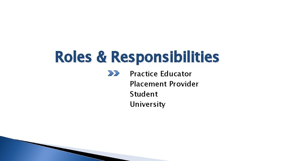 Roles & Responsibilities Practice Educator Placement Provider Student University 