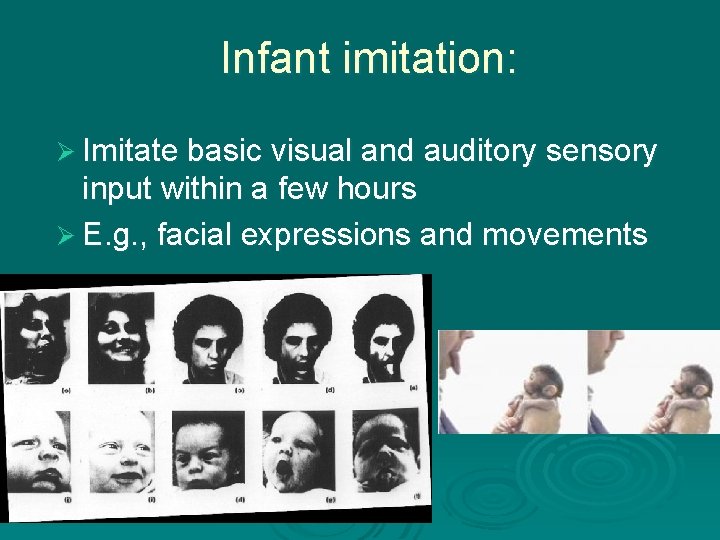 Infant imitation: Ø Imitate basic visual and auditory sensory input within a few hours