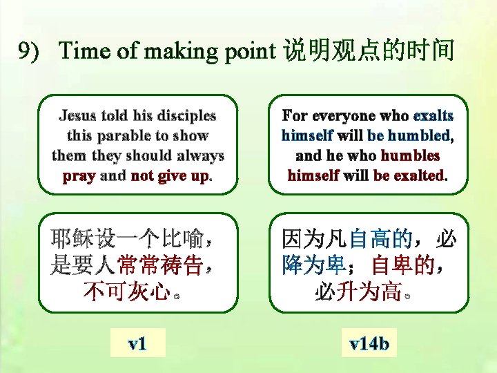 9) Time of making point 说明观点的时间 Jesus told his disciples this parable to show