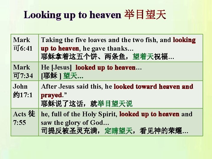 Looking up to heaven 举目望天 Mark 可 6: 41 Mark 可 7: 34 John