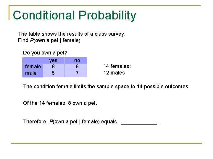 Conditional Probability The table shows the results of a class survey. Find P(own a
