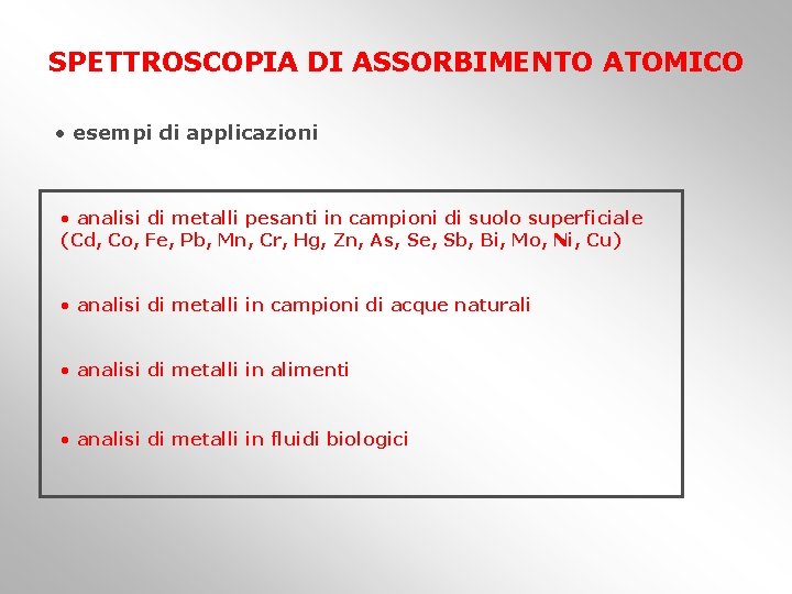SPETTROSCOPIA DI ASSORBIMENTO ATOMICO • esempi di applicazioni • analisi di metalli pesanti in