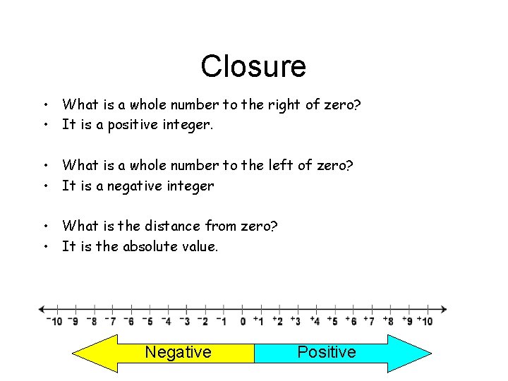Closure • What is a whole number to the right of zero? • It Closure • What is a whole number to the right of zero? • It