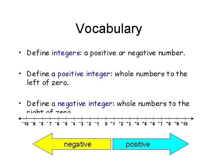 Vocabulary • Define integers: a positive or negative number. • Define a positive integer: Vocabulary • Define integers: a positive or negative number. • Define a positive integer: