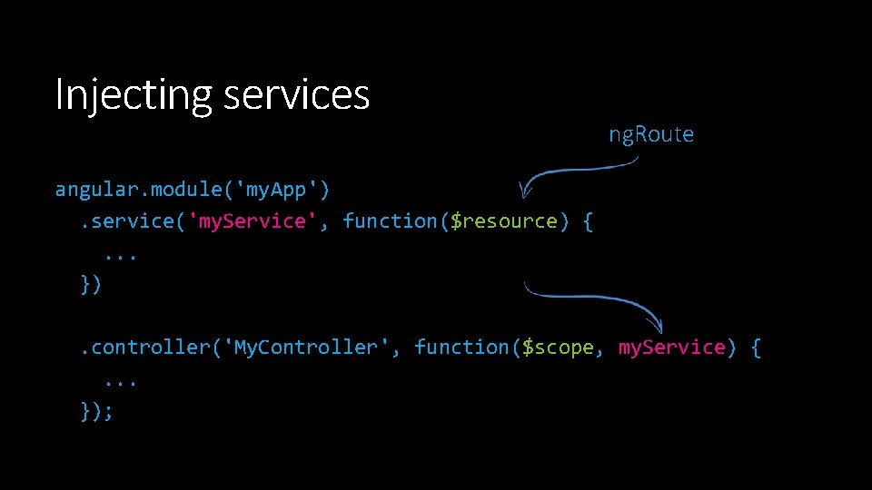 Injecting services ng. Route angular. module('my. App'). service('my. Service', function($resource) {. . . }). Injecting services ng. Route angular. module('my. App'). service('my. Service', function($resource) {. . . }).