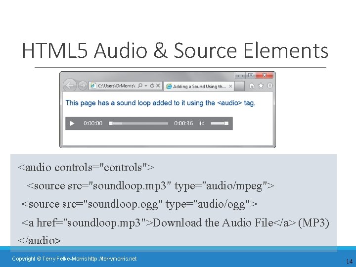 HTML 5 Audio & Source Elements <audio controls="controls"> <source src="soundloop. mp 3" type="audio/mpeg"> <source