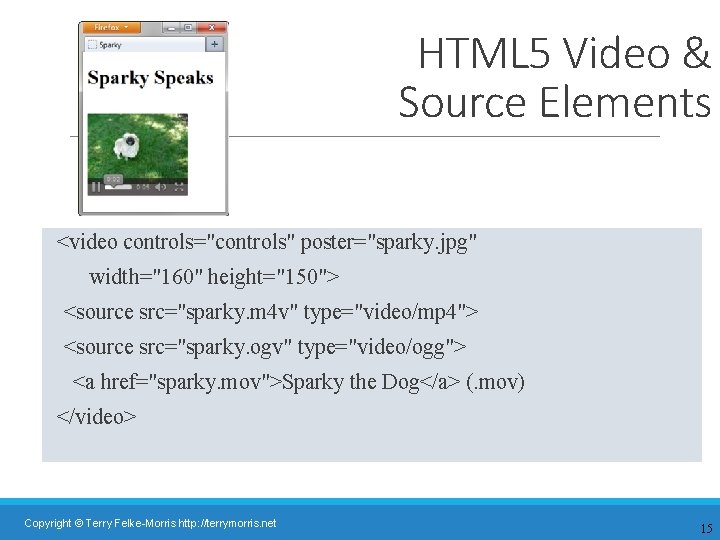 HTML 5 Video & Source Elements <video controls="controls" poster="sparky. jpg" width="160" height="150"> <source src="sparky.