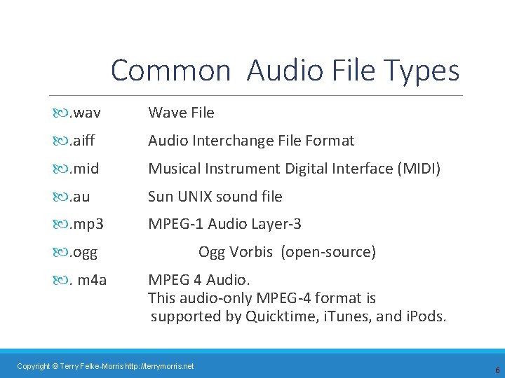 Common Audio File Types . wav Wave File . aiff Audio Interchange File Format