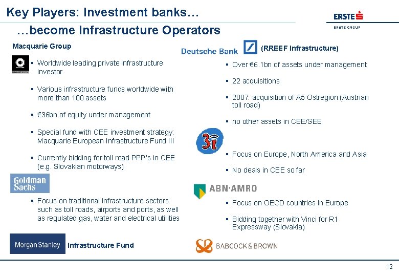 Key Players: Investment banks… …become Infrastructure Operators Macquarie Group Deutsche Bank (RREEF Infrastructure) §