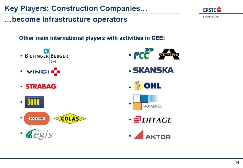 Key Players: Construction Companies… …become Infrastructure operators Other main international players with activities in