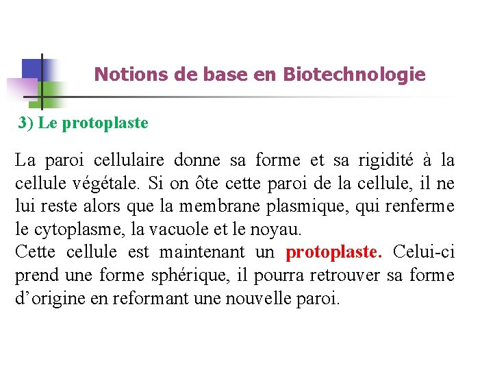 Notions de base en Biotechnologie 3) Le protoplaste La paroi cellulaire donne sa forme