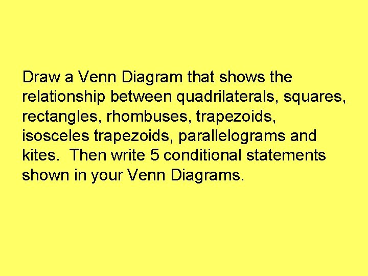 Draw a Venn Diagram that shows the relationship between quadrilaterals, squares, rectangles, rhombuses, trapezoids, Draw a Venn Diagram that shows the relationship between quadrilaterals, squares, rectangles, rhombuses, trapezoids,