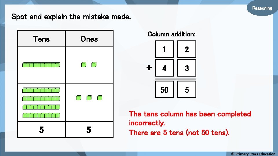 Reasoning Spot and explain the mistake made. Tens Ones Column addition: + 5 5