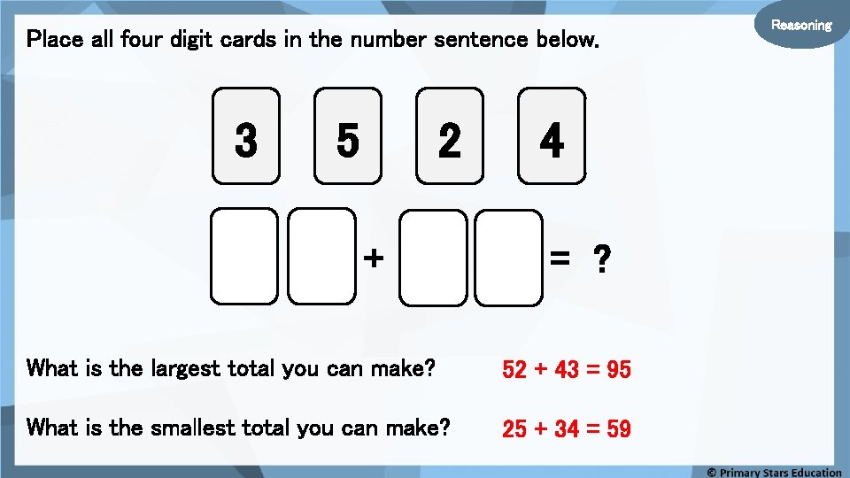 Place all four digit cards in the number sentence below. 3 2 5 +