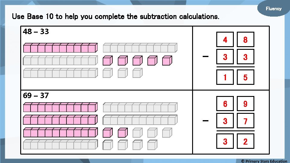 Fluency Use Base 10 to help you complete the subtraction calculations. 48 – 33