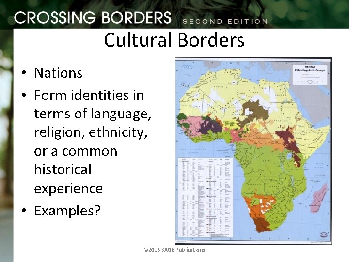 Cultural Borders • Nations • Form identities in terms of language, religion, ethnicity, or