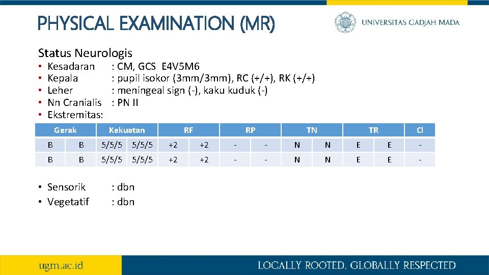 PHYSICAL EXAMINATION (MR) Status Neurologis • • • Kesadaran Kepala Leher Nn Cranialis Ekstremitas: