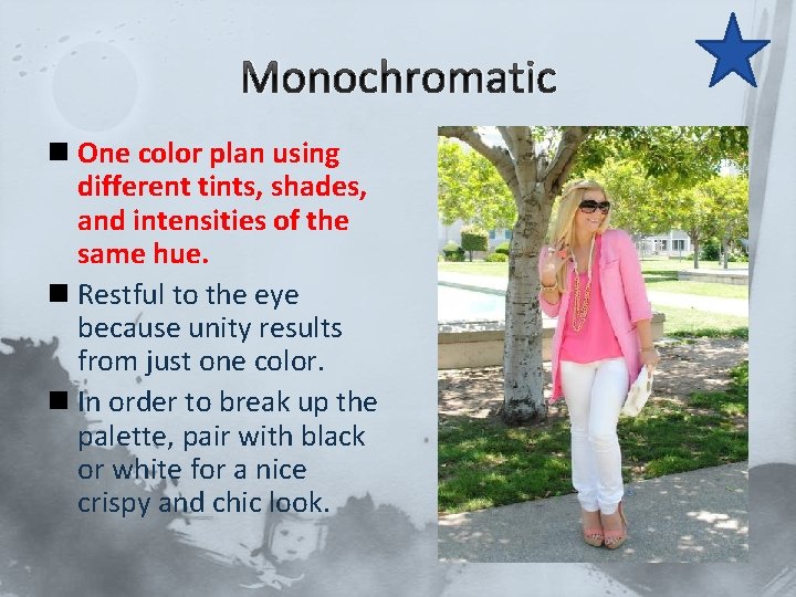 Monochromatic n One color plan using different tints, shades, and intensities of the same