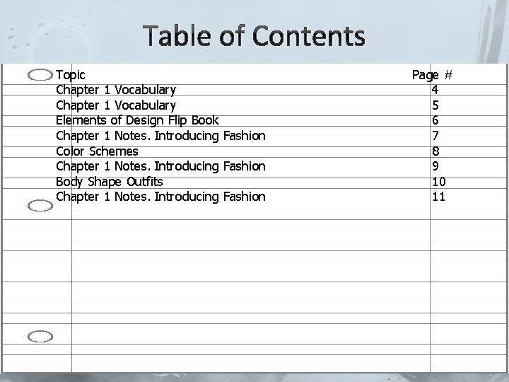 Table of Contents Topic Chapter 1 Vocabulary Elements of Design Flip Book Chapter 1