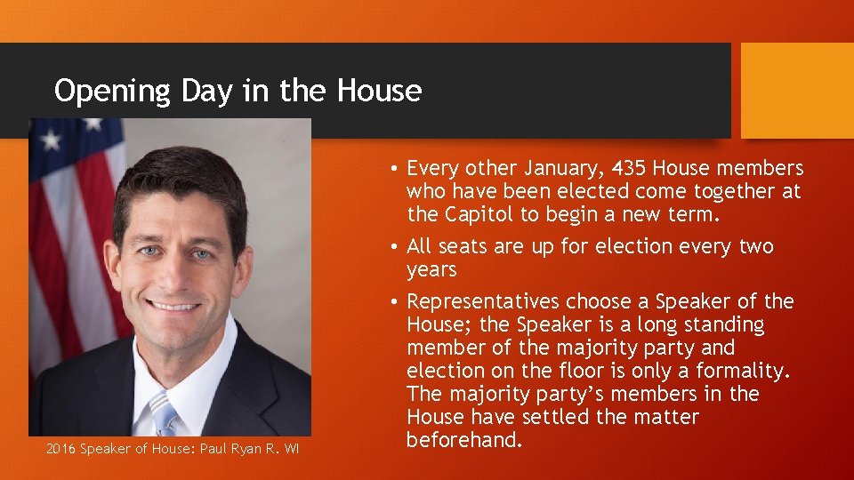 Opening Day in the House 2016 Speaker of House: Paul Ryan R. WI •