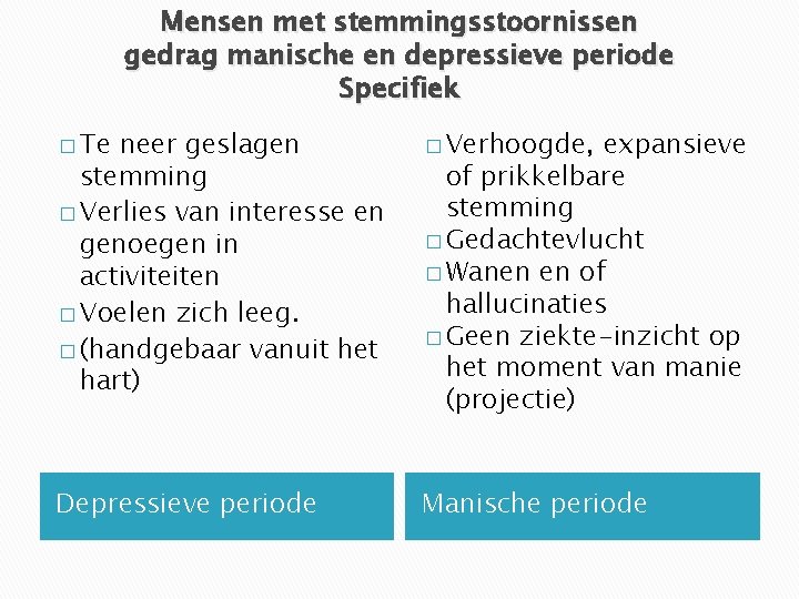 Mensen met stemmingsstoornissen gedrag manische en depressieve periode Specifiek � Te neer geslagen stemming