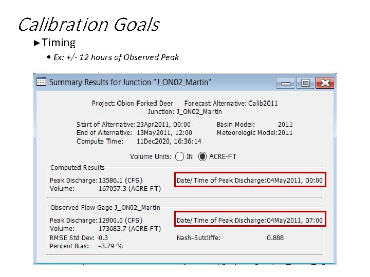Calibration Goals ►Timing • Ex: +/- 12 hours of Observed Peak 
