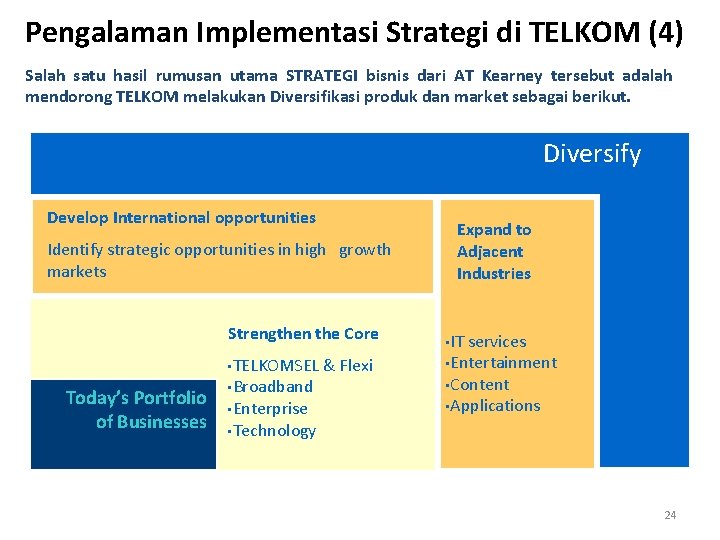 Pengalaman Implementasi Strategi di TELKOM (4) Salah satu hasil rumusan utama STRATEGI bisnis dari