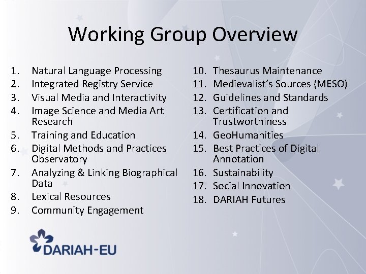 Working Group Overview 1. 2. 3. 4. 5. 6. 7. 8. 9. Natural Language