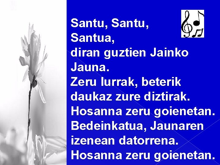 Santu, Santua, diran guztien Jainko Jauna. Zeru lurrak, beterik daukaz zure diztirak. Hosanna zeru