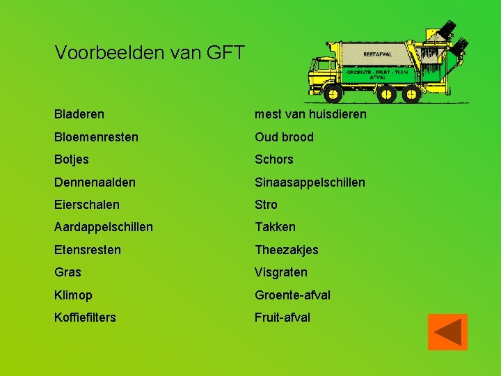 Voorbeelden van GFT Bladeren mest van huisdieren Bloemenresten Oud brood Botjes Schors Dennenaalden Sinaasappelschillen