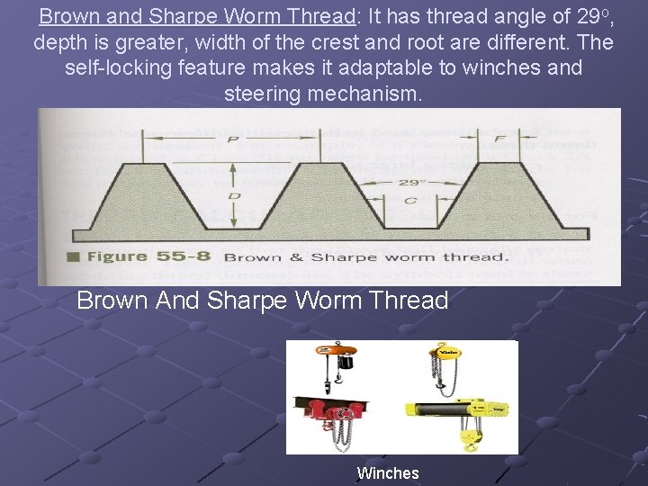 Brown and Sharpe Worm Thread: It has thread angle of 29 o, depth is