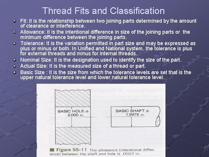 Thread Fits and Classification Fit: It is the relationship between two joining parts determined