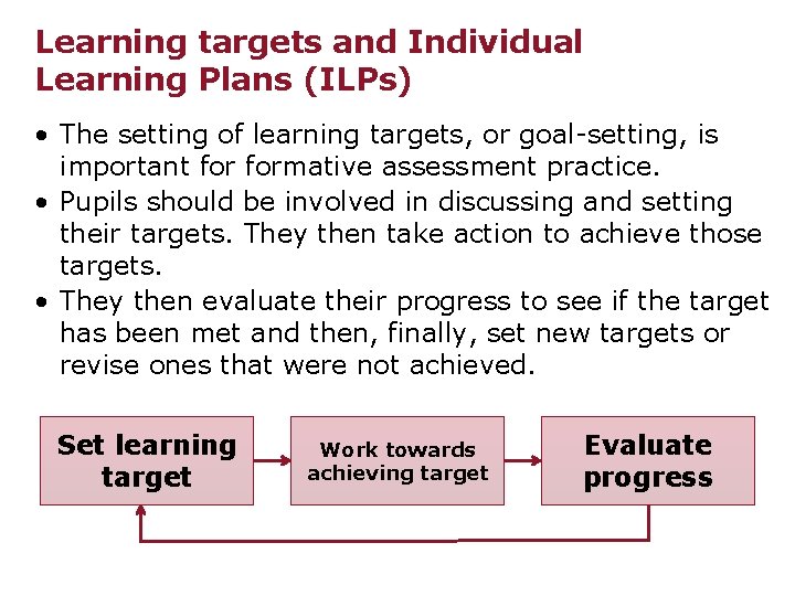 Learning targets and Individual Learning Plans (ILPs) • The setting of learning targets, or