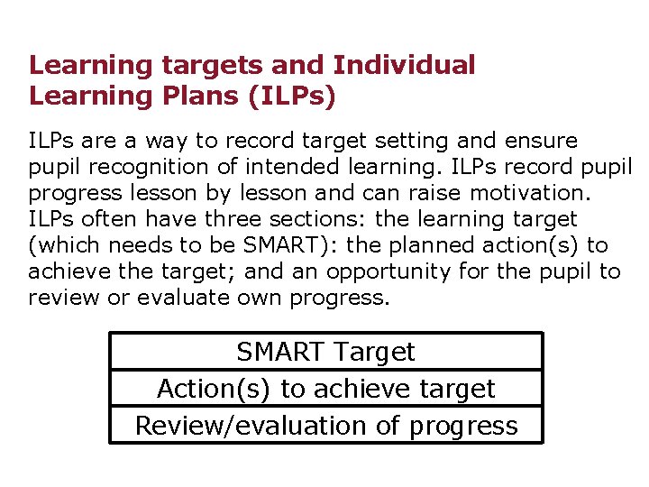 Learning targets and Individual Learning Plans (ILPs) ILPs are a way to record target
