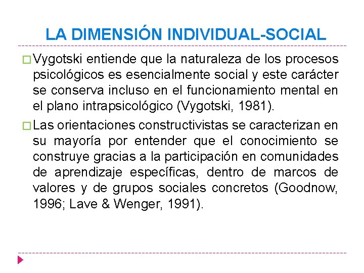 LA DIMENSIÓN INDIVIDUAL-SOCIAL � Vygotski entiende que la naturaleza de los procesos psicológicos es