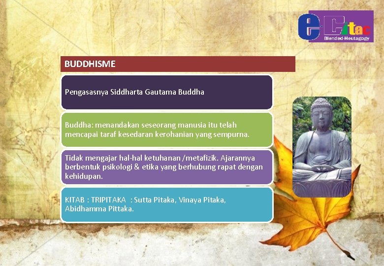 BUDDHISME Pengasasnya Siddharta Gautama Buddha: menandakan seseorang manusia itu telah mencapai taraf kesedaran kerohanian