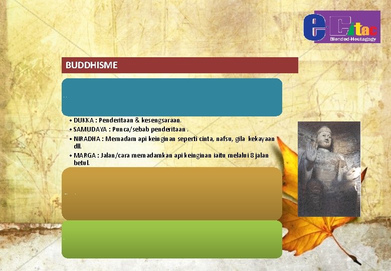 BUDDHISME 4 Kebenaran Mulia : • DUKKA : Penderitaan & kesengsaraan. • SAMUDAYA :