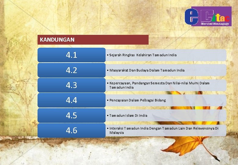 KANDUNGAN 4. 1 • Sejarah Ringkas Kelahiran Tamadun India 4. 2 • Masyarakat Dan