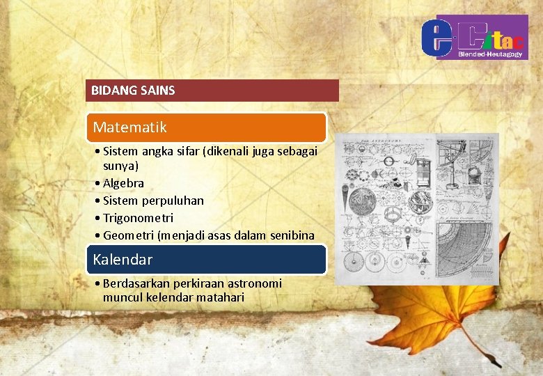 BIDANG SAINS Matematik • Sistem angka sifar (dikenali juga sebagai sunya) • Algebra •
