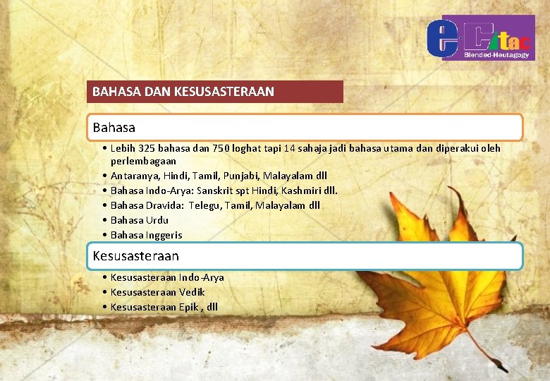 BAHASA DAN KESUSASTERAAN Bahasa • Lebih 325 bahasa dan 750 loghat tapi 14 sahaja