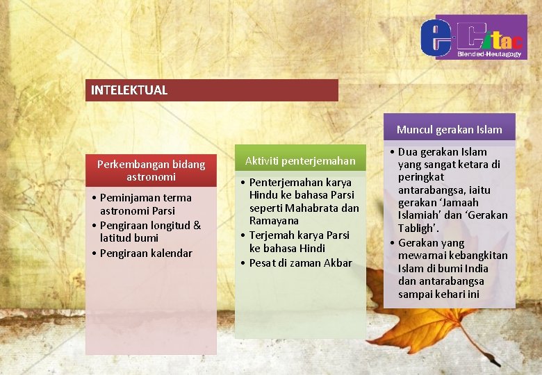 INTELEKTUAL Muncul gerakan Islam Perkembangan bidang astronomi • Peminjaman terma astronomi Parsi • Pengiraan