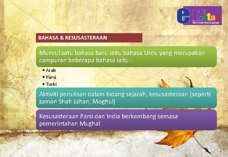 BAHASA & KESUSASTERAAN Muncul satu bahasa baru iaitu bahasa Urdu yang merupakan campuran beberapa