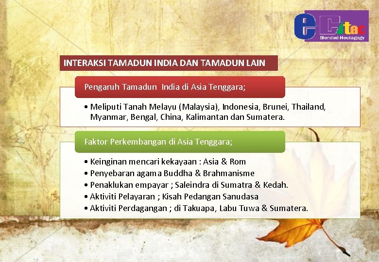 INTERAKSI TAMADUN INDIA DAN TAMADUN LAIN Pengaruh Tamadun India di Asia Tenggara; • Meliputi