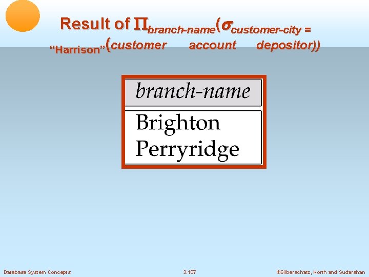 Result of branch-name( customer-city = account depositor)) “Harrison”(customer Database System Concepts 3. 107 ©Silberschatz,