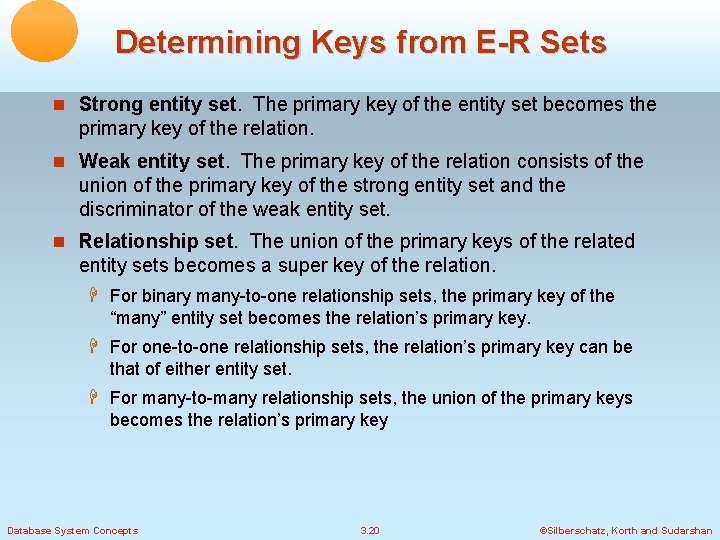 Determining Keys from E-R Sets Strong entity set. The primary key of the entity